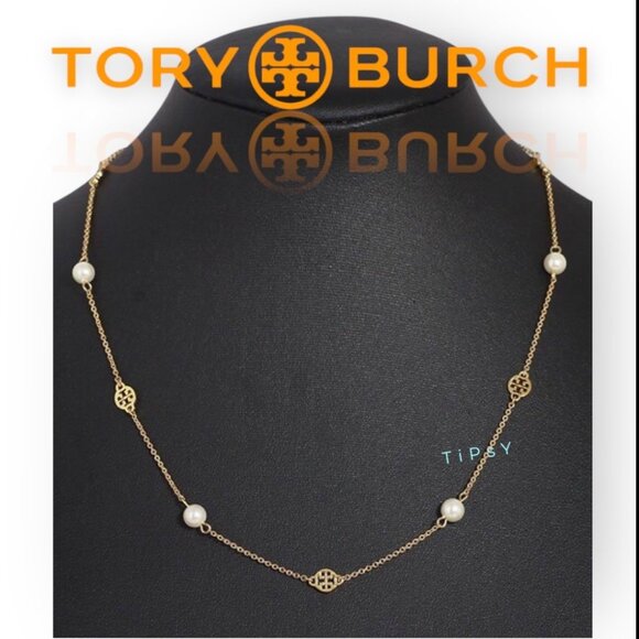 Tory Burch Gold Chain Necklace With Pearls & Logo Charms For Women - Picture 1 of 3